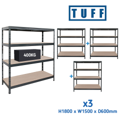TUFF 400 Garage Racking - Multi-Deal of 3x Shelving Units - H1800 x W1500 x D600mm